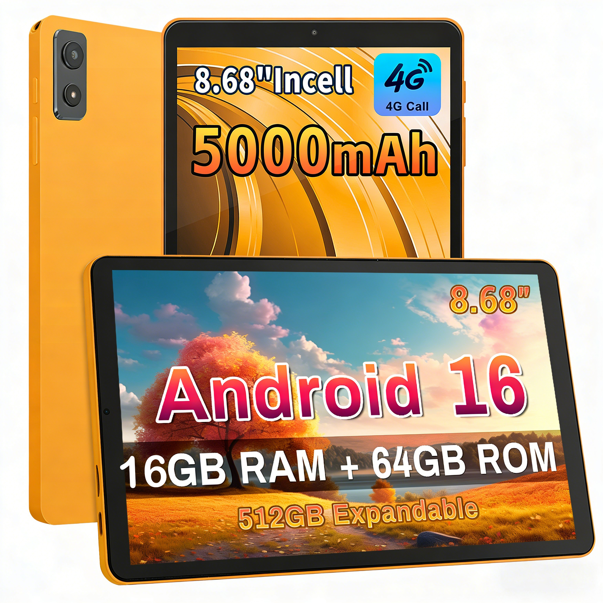 2026 Android 16 タブレットウルトラスリム 8.68 インチ T616 オクタコア 16GB (4 12 拡張) RAM 64GB ROM 4G LTE 通話 5G WiFi 90HZ SIM タブレット