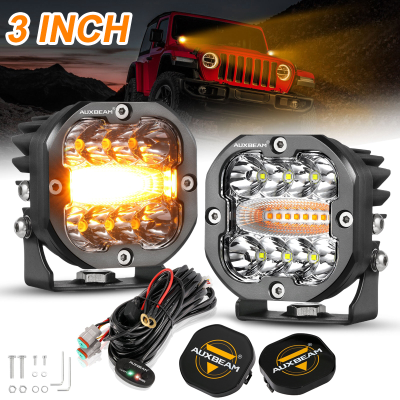 Auxbeam 3 インチ 96 ワット LED スクエアワークライトポッドアンバーホワイト 6 モードキューブドライビングライトトラックピックアップオフロード SUV 用ハーネス付き