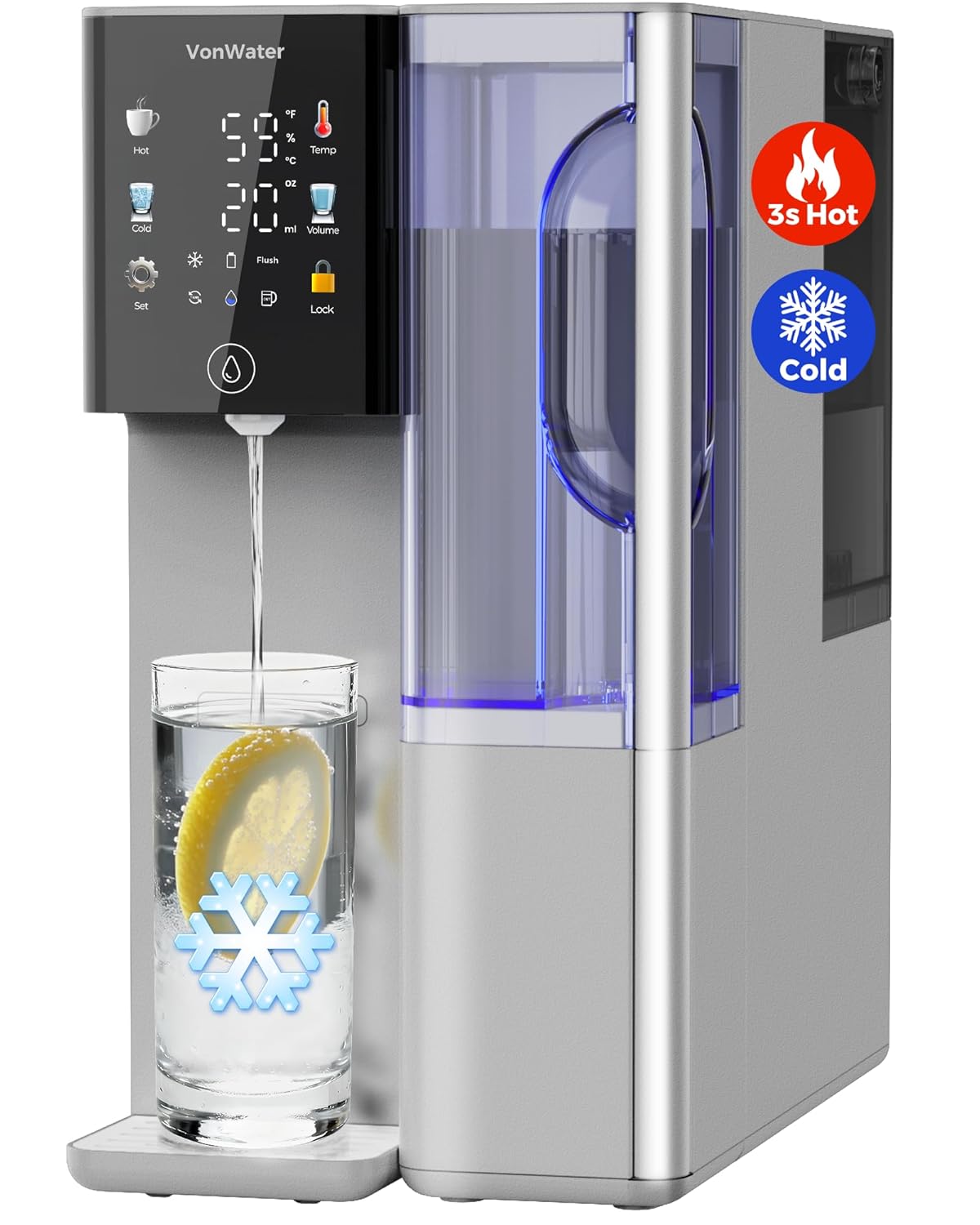 カウンタートップ逆浸透水フィルターディスペンサー、3秒インスタントホット付き温冷ROシステム、6温度設定、7段階RO濾過、NSF/ANSI 372/42/58認定、ポータブルピッチャー、3:1 Pure t
