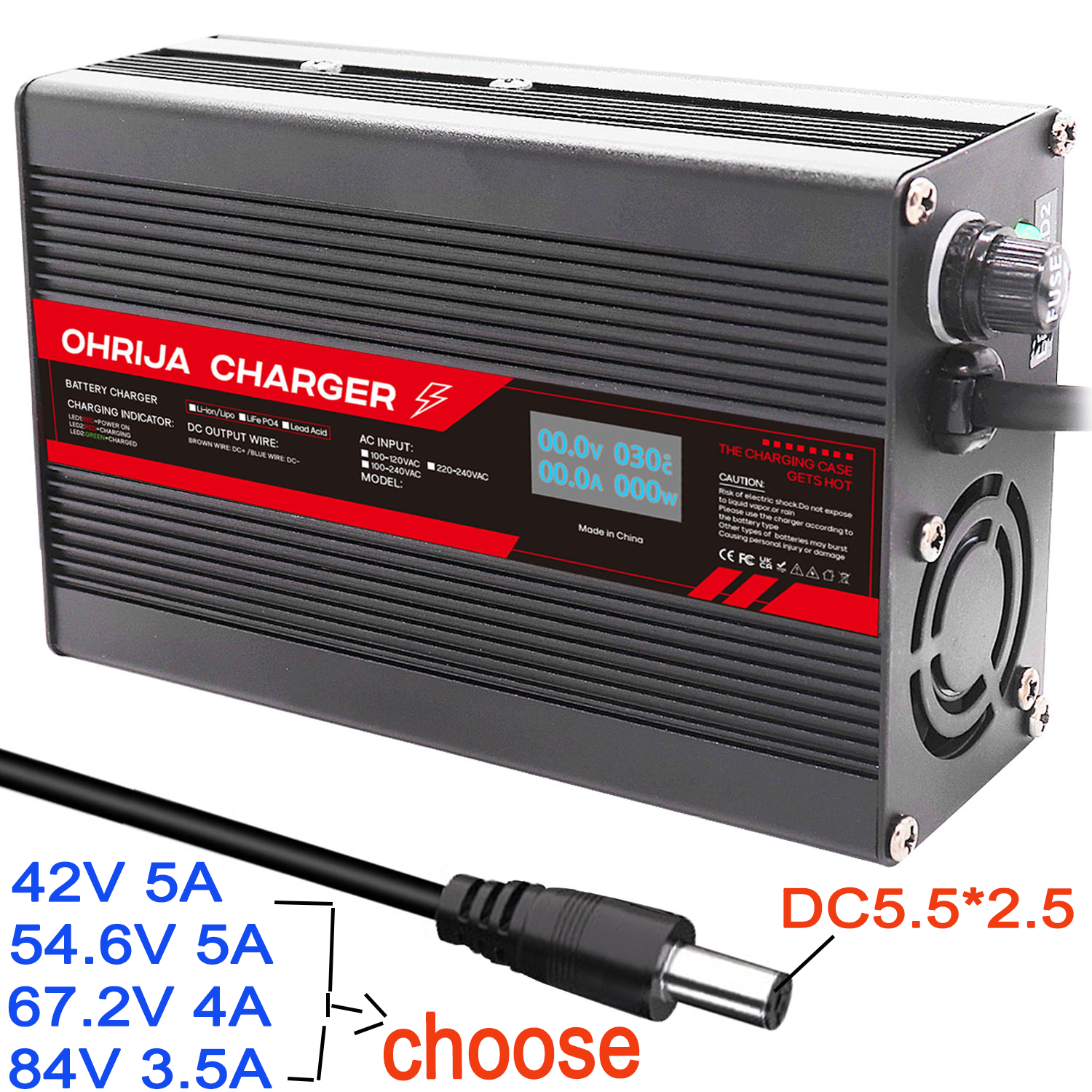 OHRIJA DC 36V 48V 5A リチウム充電器 42V 54.6V 5A 13S 48V リチウムイオン電池充電器 DC2.5 コネクタ 67.2V 84V 3.5A 充電器 OLED