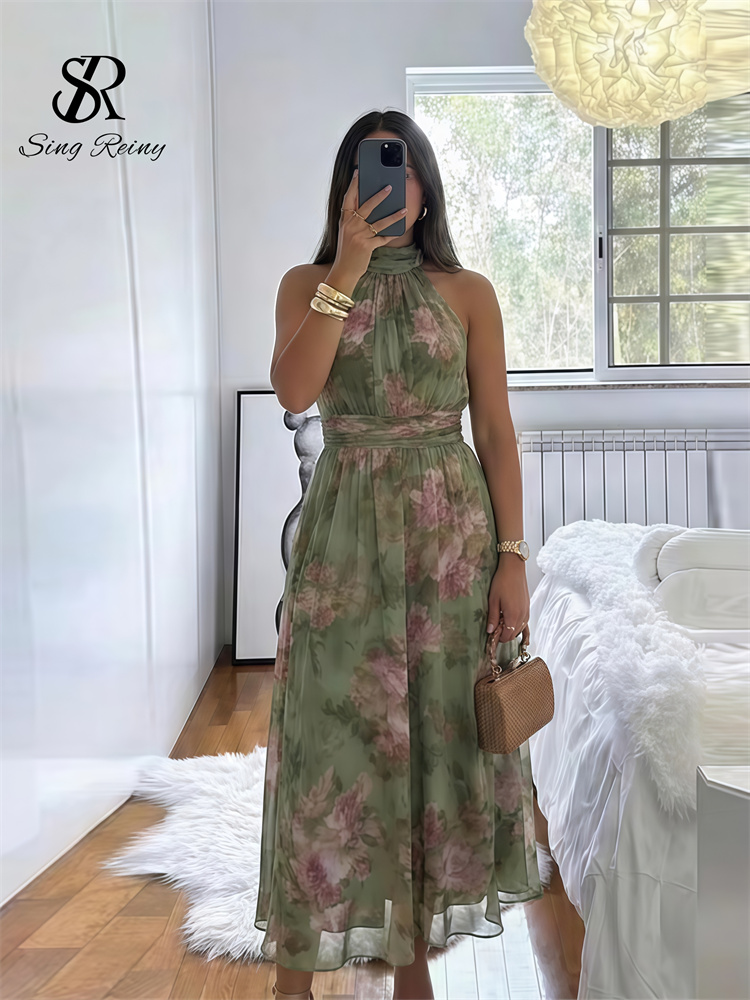 SINGREINY エレガントなグリーン花柄ホルターシフォンマキシドレストレンディなノースリーブ A ライン 2026 女性花結婚式のゲストパーティードレス
