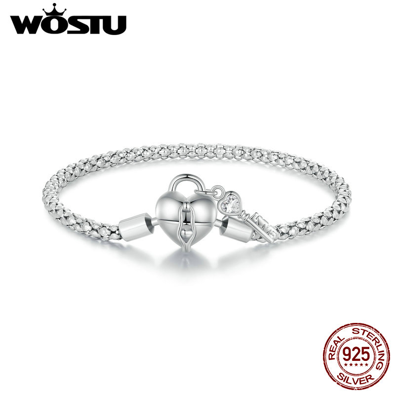 WOSTU ソリッド 925 スターリングシルバーハートロックキー基本チェーンバングルブレスレット DIY チャームビーズスネークチェーンリンクジュエリーギフト