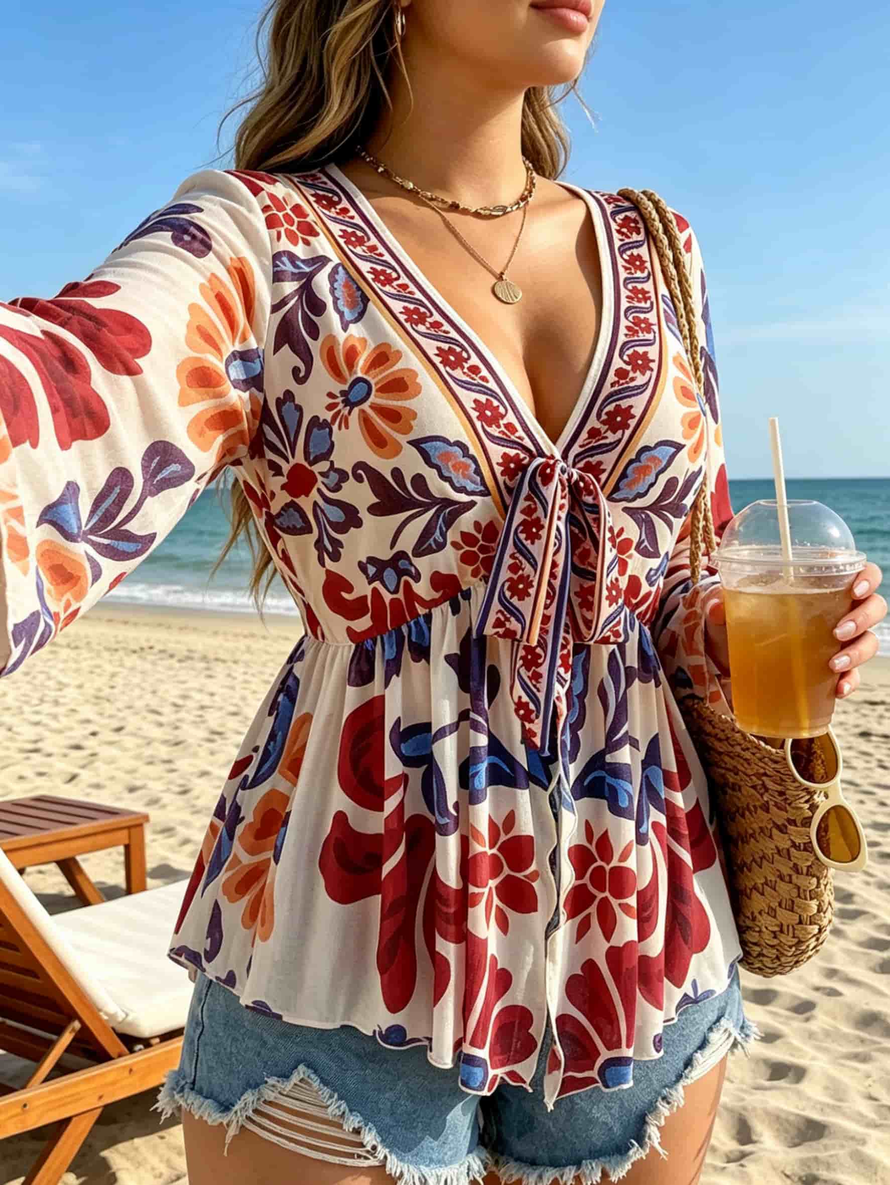 プラスサイズの女性の新しい夏のビーチカバーアップ、Vネックフレアスリーブシアーメッシュデザイン、セミシアールーズフィットビーチカバーアップ休暇