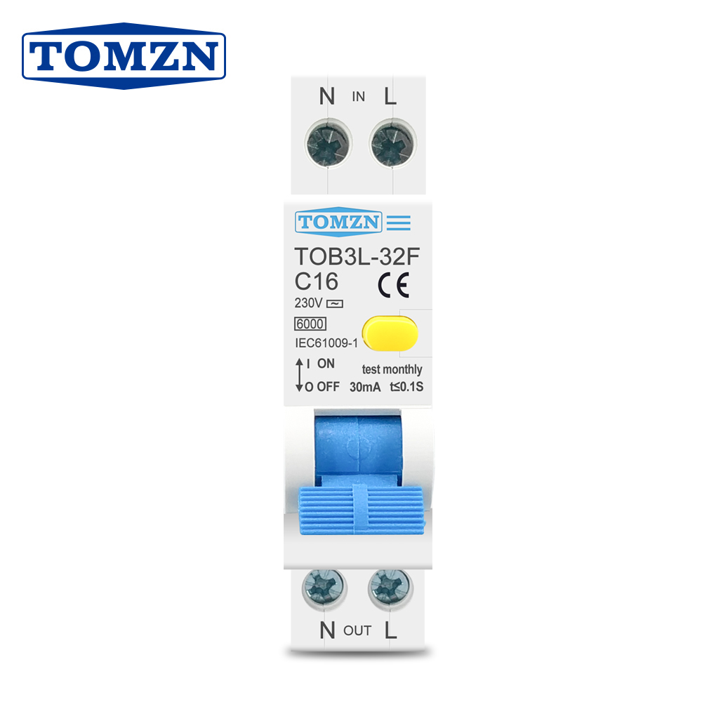 TOMZN 18MM 230V 50/60Hz RCBO 1P N 6kA 残留電流差動自動サーキットブレーカー、過電流漏れ保護付き