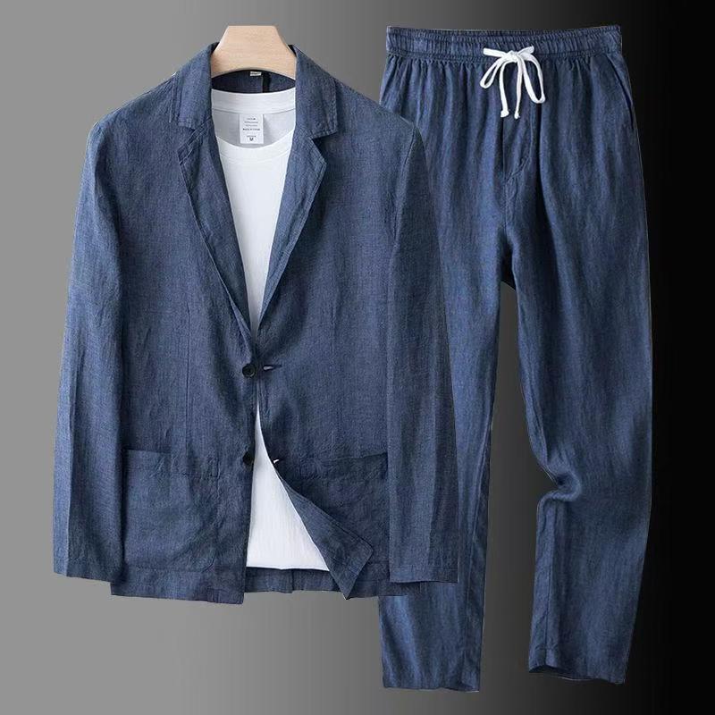 春夏メンズスーツファッションメンズコットンリネンツーピースセットブレザージャケットパンツカジュアルビジネス薄手の服通気性