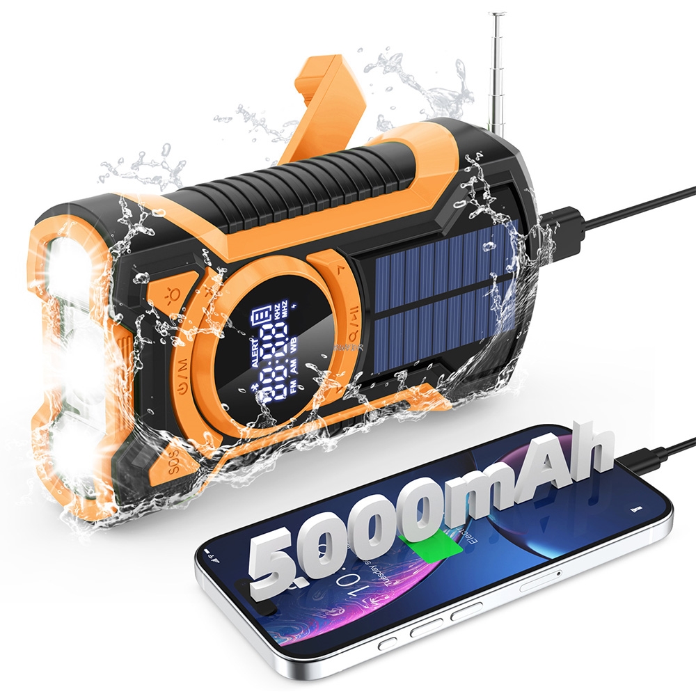5000mAh 緊急ラジオ 手回しソーラー FM AM WB NOAA 天気ラジオ LED 懐中電灯 BT 5.3 スピーカーパワーバンク電話充電器