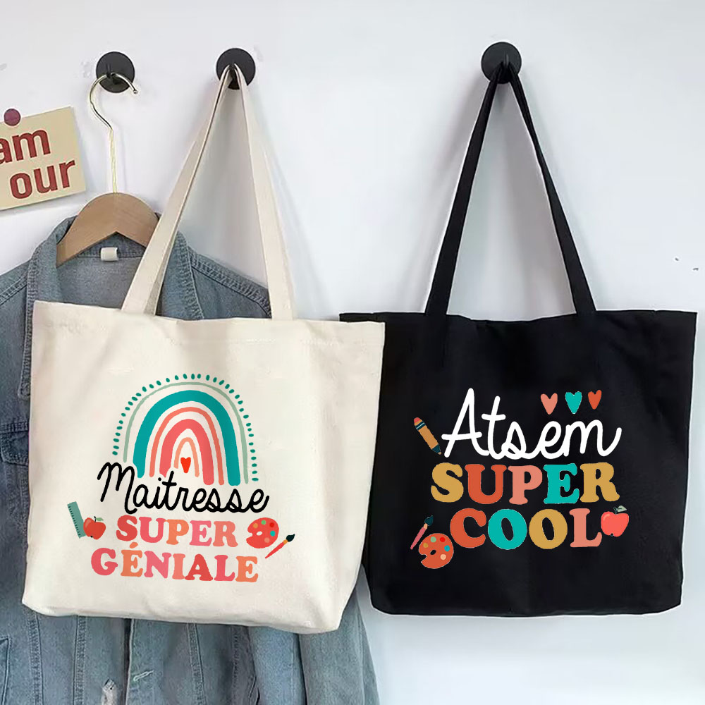 スーパー Atsem Maitresse プリントトートバッグ教師生活ショッピングバッグ旅行ハンドバッグ教師の日卒業感謝ギフト教師
