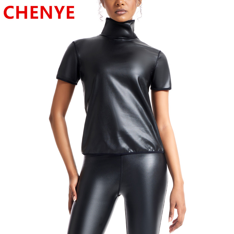 女性ハイネックフェイクレザー半袖フィット Tシャツトップボディシェイパーウエストトレーナースリム Tシャツファッションスリムシェイプウェアトップス