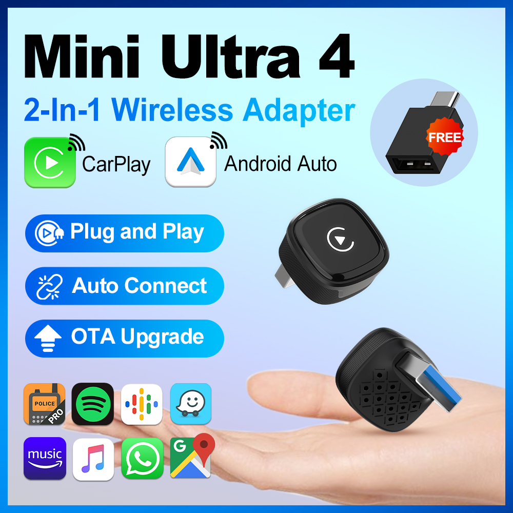 2026 Mini Ultra 4 CarlinKit 5.0 ワイヤレス Android Auto CarPlay 2-In-1 スマートカーボックス ワイヤレス自動接続 OTA アップグレード簡単セットアップ