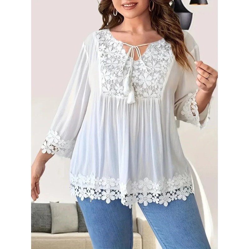 プラスサイズ 1XL-5XL 女性のカジュアルソリッドカラーシャツレディースファッションレーストリム春夏カジュアルブラウストップ