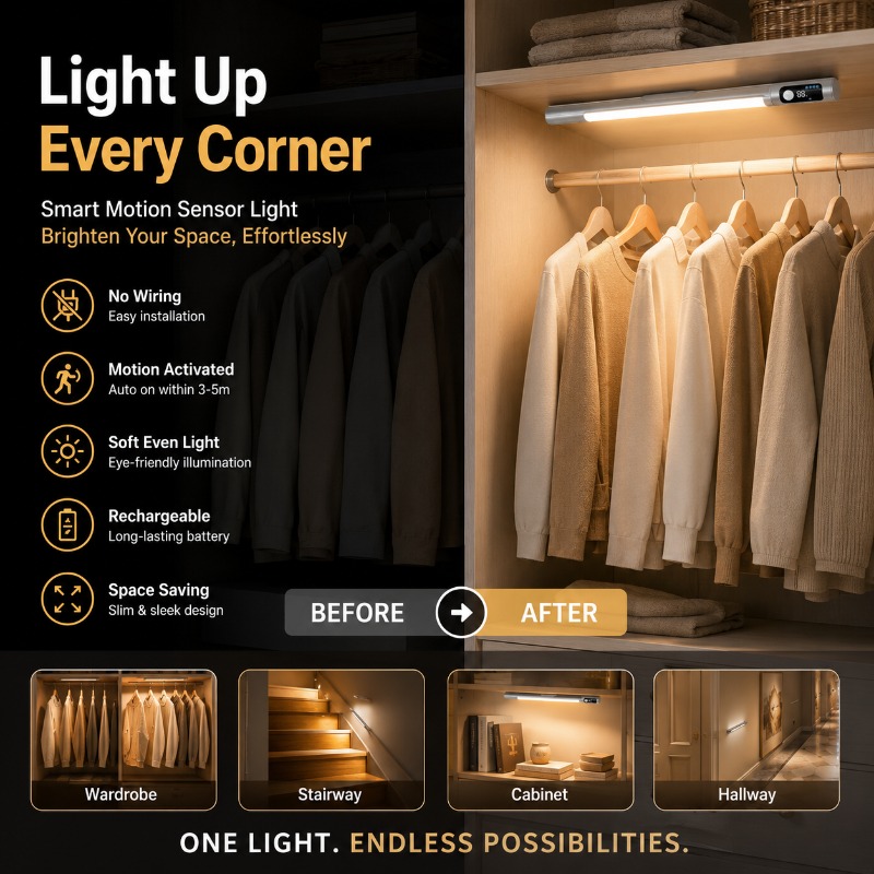 充電式モーションセンサークローゼットライト LED 磁気キャビネットランプ 3 色薄暗いバーワードローブキッチン寝室ホームクローゼットライト