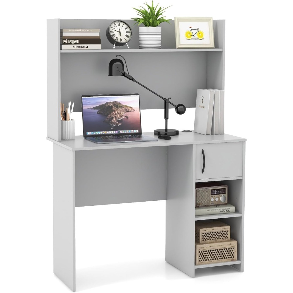 Premium Computer Desk with Hutch, Home Office Desk with Storage Cabinet & Adjustable Shelf, 2 Cable Holes, Modern Laptop PC Desk