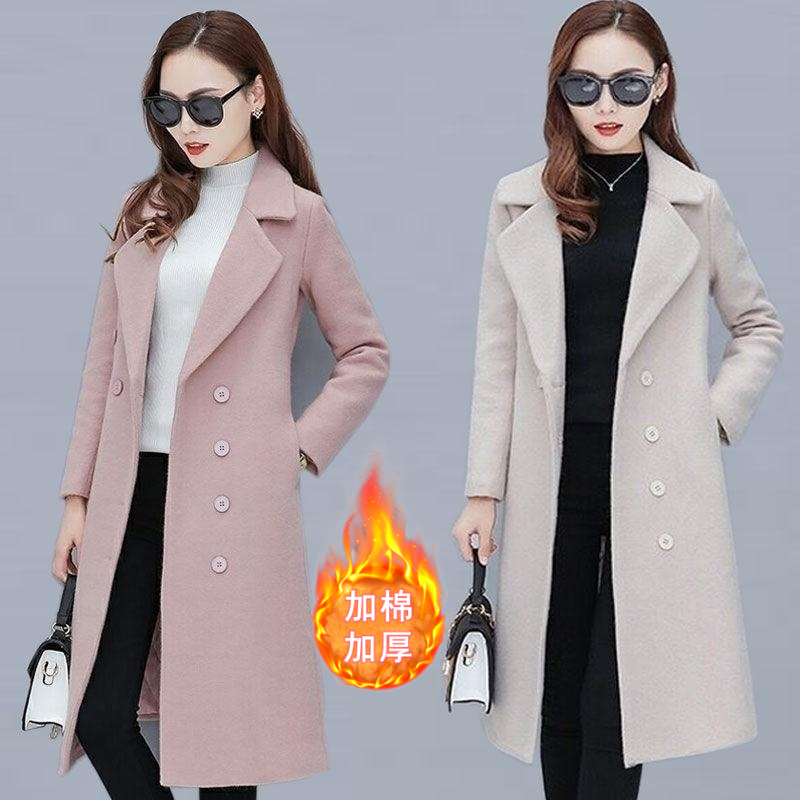 新しいファッションソリッドカラー秋と冬ルーズ暖かいラペルウールコート女性のロングシンプルな長袖レディースウールコートロング