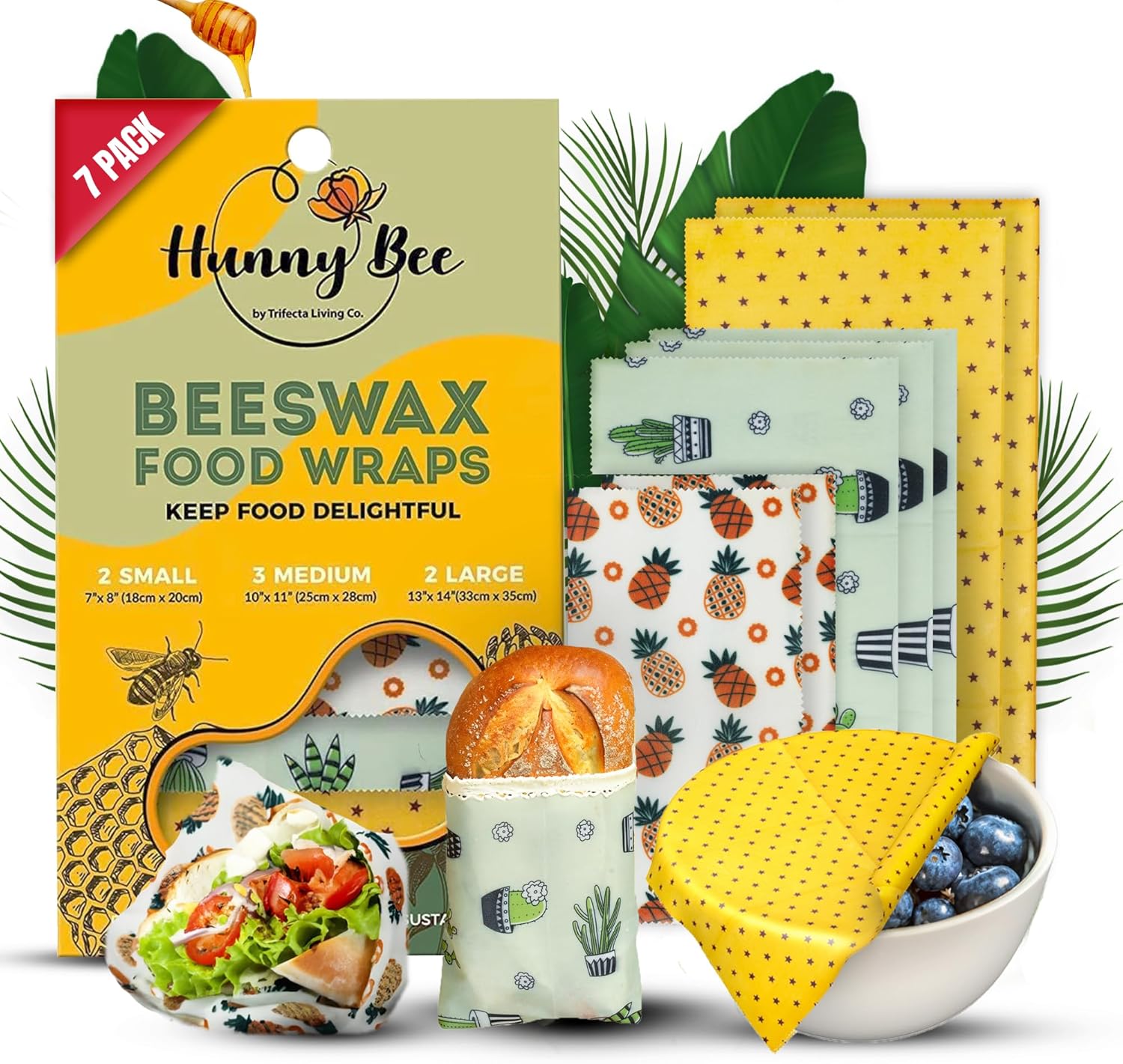 蜜蝋ラップ 7 個セット、サンドイッチ、果物、野菜用の生鮮食品キーパー、再利用可能で耐久性のある廃棄物ゼロのキッチン収納