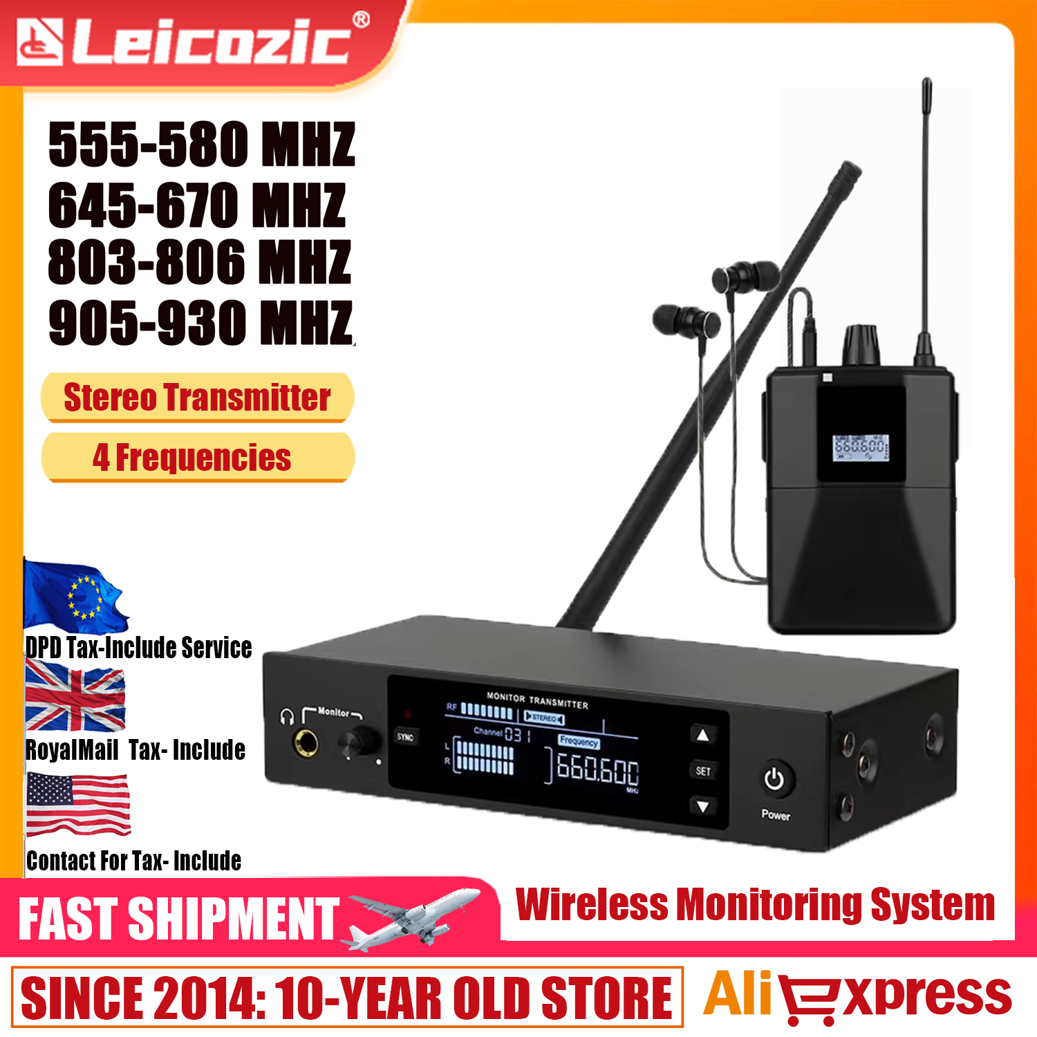 Leicozic PS10 ステレオインイヤーモニターワイヤレスシステム 500/600/800/900Mhz 100mW ステージパーソナルモニタリングイヤーモニター歌手用