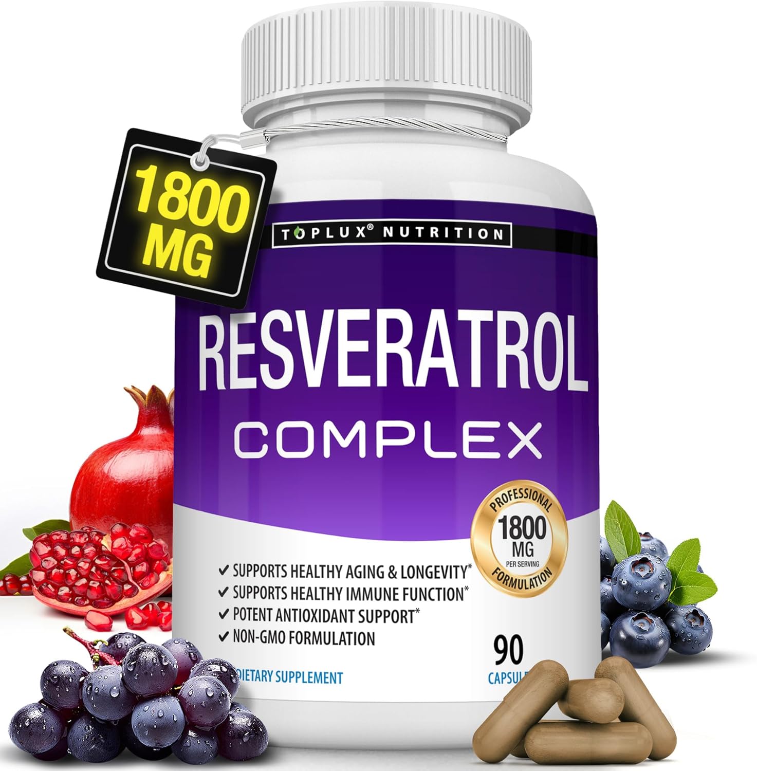 レスベラトロール コンプレックス サプリメント 1800mg 健康的な老化、全体的な健康、免疫系、脳機能のための抗酸化丸薬 90 カプセル