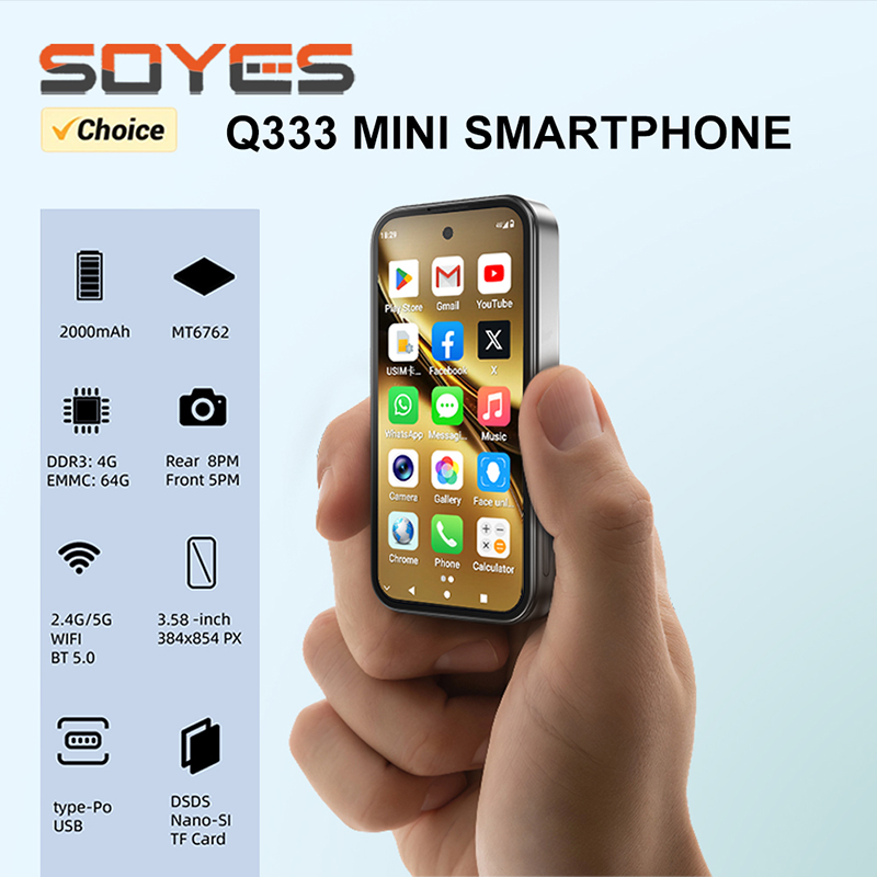 SOYES Q333 ミニスマートフォン 4GB RAM 64GB ROM Android 12.0 顔ロック解除 2000mAh 4G LTE Type-C OTG 3.58'' 画面小型電話