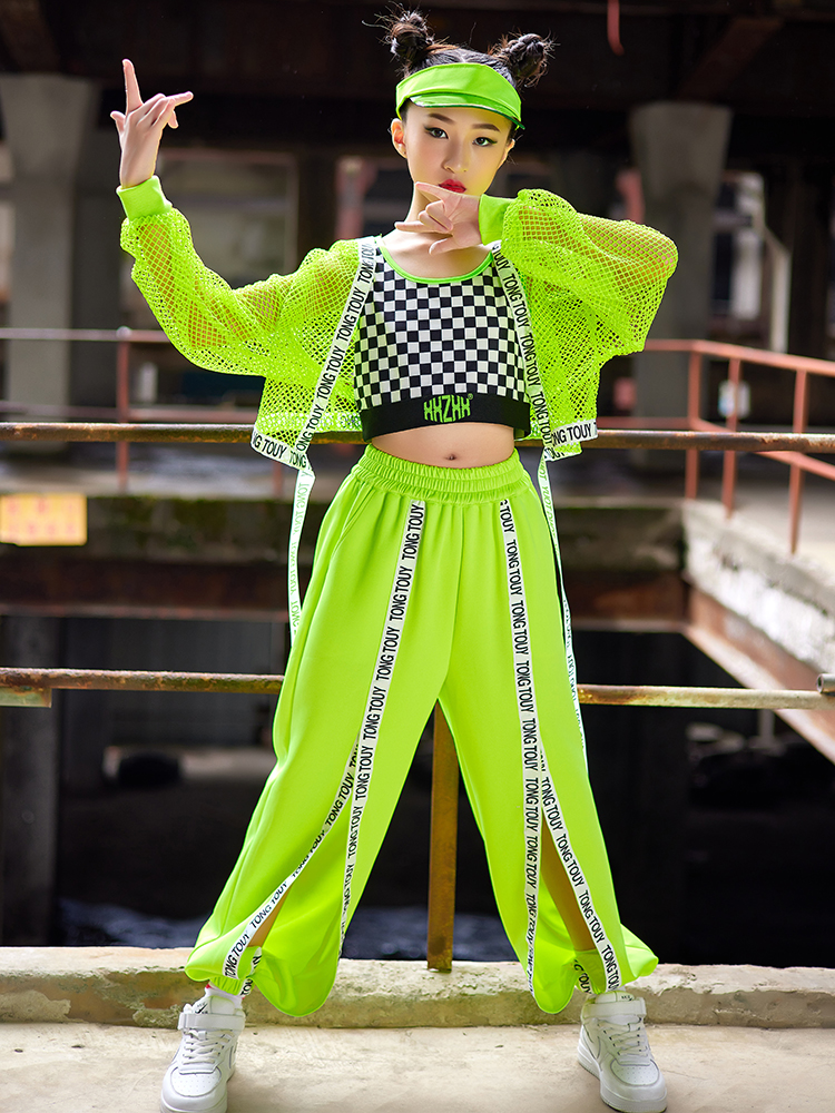 蛍光グリーンヒップホップ服女の子ネットトップススリットパンツファッションジャズダンス衣装現代パフォーマンスステージ摩耗 BL9252