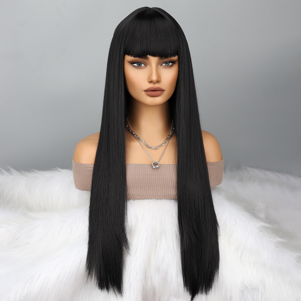 ロングストレートレミーヘアウィッグナチュラルブラック耐熱ファイバーヘアフルマシンウィッグ前髪コスプレパーティーウィッグ用ファッション