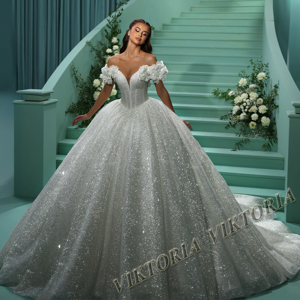 ヴィクトリアグリッタープリンセスウェディングドレス女性のためのブライダルボールガウンオフショルダー 3D 花 Vestidos Novias Boda カスタムメイド