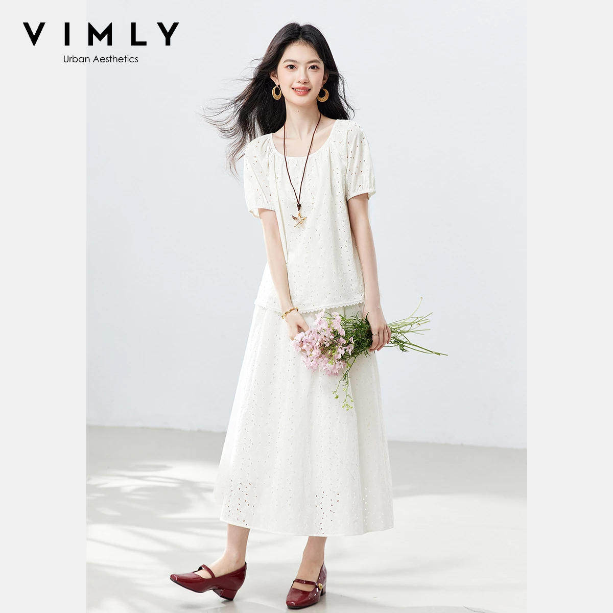 VIMLY Women's 100% Cotton Skirt Set 2026 Summer New Lace Trim Short Sleeve Top Elastic Waist Skirt French Casual Outfit A6165