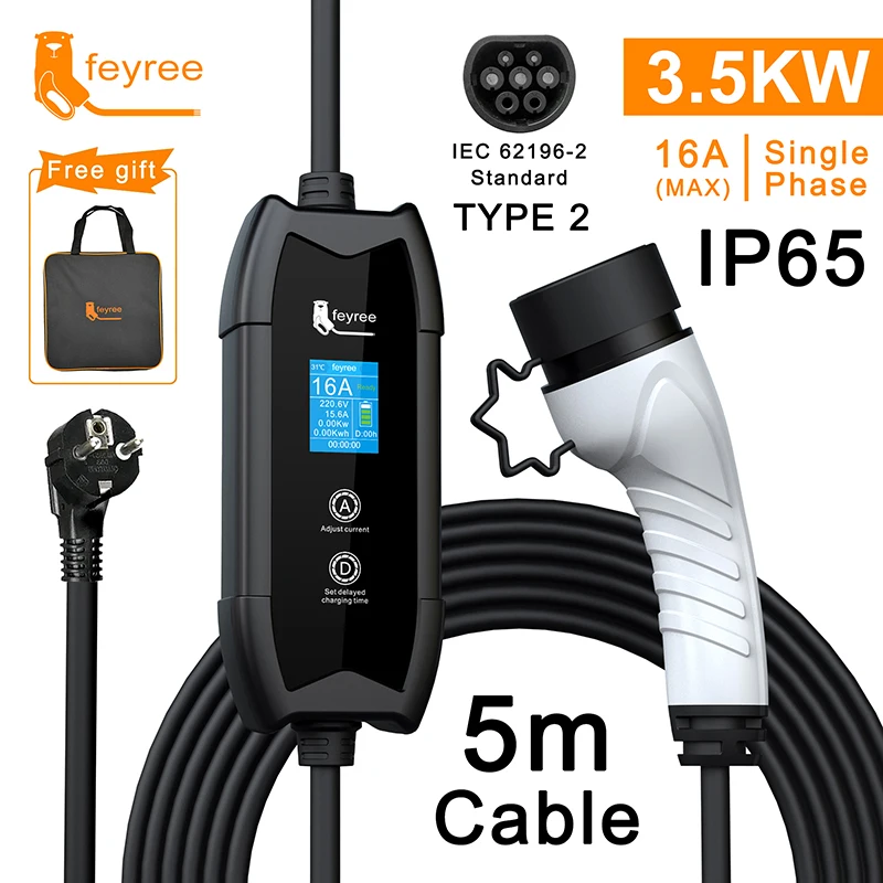 Feyree EV 充電器 Type2 16A 3.5kW ポータブル充電ボックス 5M ケーブル GBT ソケット Type1 J1772 アダプタ電気自動車車の充電器用