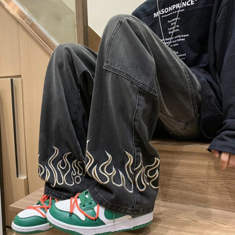 2024 新刺繍メンズジーンズニュートラルワイドファッションデニムパンツだぶだぶストレートデニム若者カジュアルヒップホップパンツ