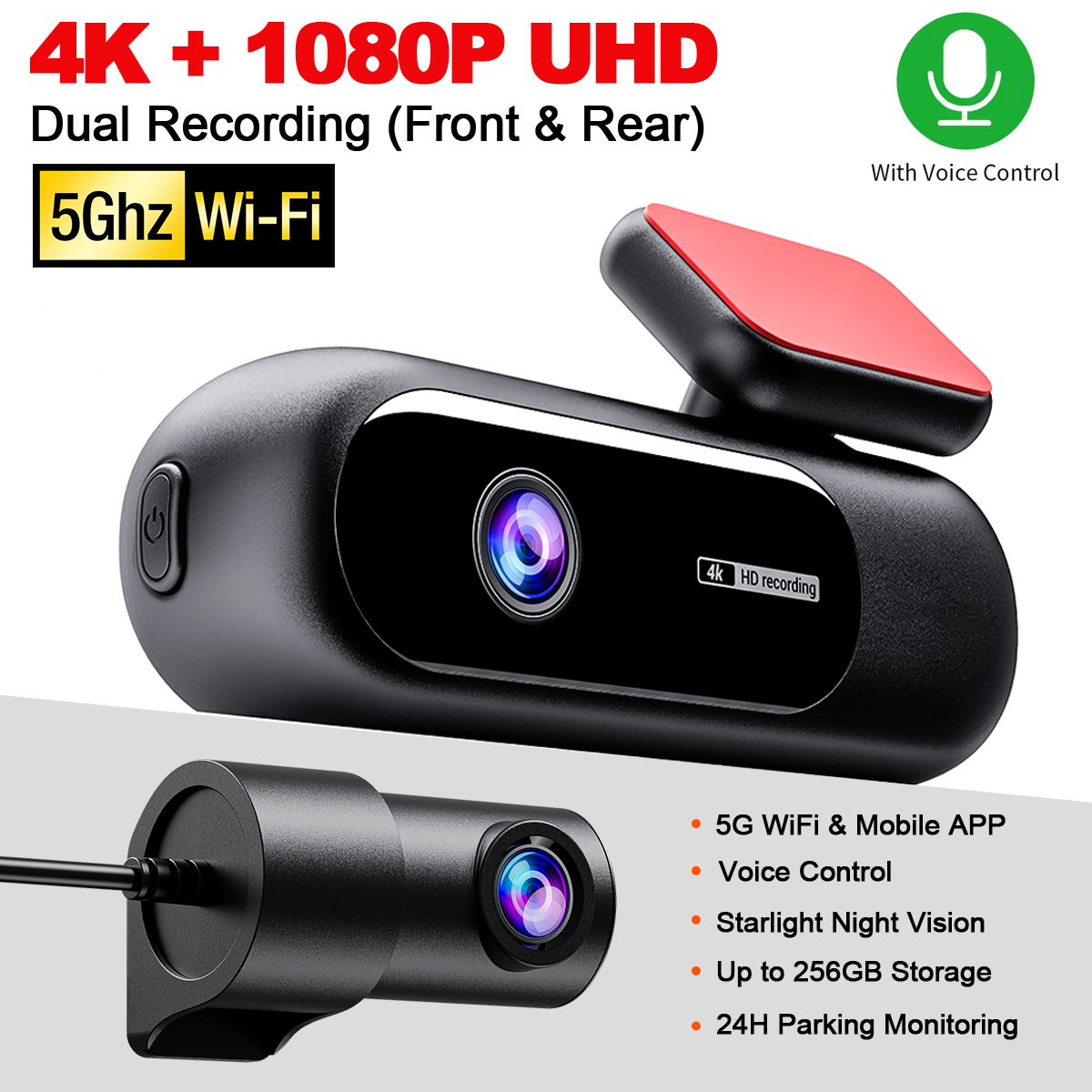 ダッシュカム WiFi 4K 1080P デュアルダッシュ車カメラブラックボックス DVR 音声制御 24H 駐車モニター HDR ナイトビジョン車用ダッシュカム