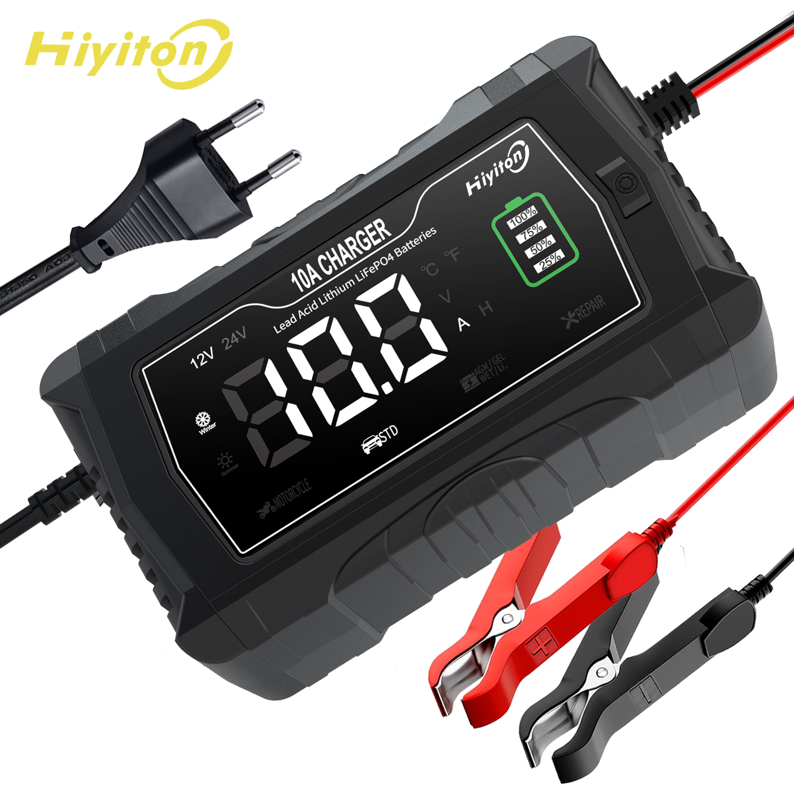 Hiyiton 10A 自動充電リチウム LiFePO4 AGM ゲル鉛酸電池 12V 24V オートバイ充電器車のバッテリー充電器