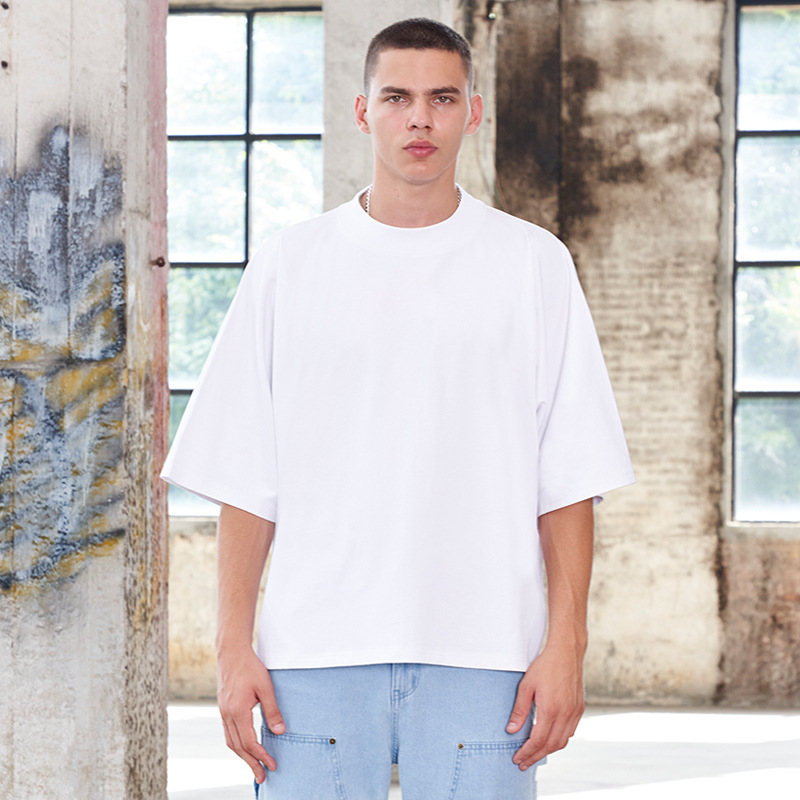 無地トレンディブランド人気スタイルメンズ半袖厚手の純綿 O ネックストリートスタイルルーズフィット Tシャツ