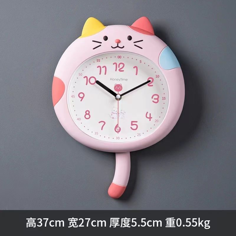 かわいいピンク猫時計女の子子供部屋壁掛け時計リビングルーム寝室漫画ミュート時計時計家の装飾