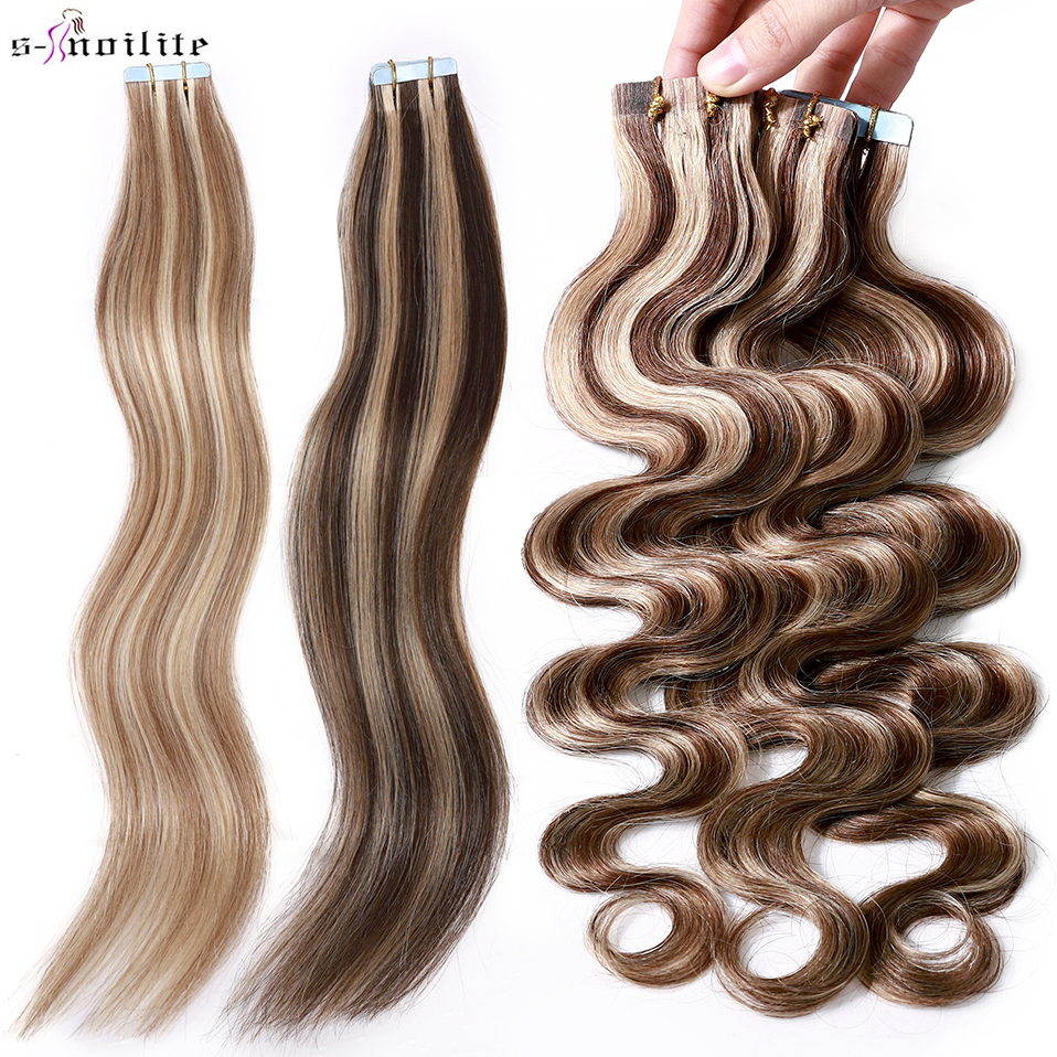 S-noilite 18 "-22" 2.5 グラム/ピースレミーテープ人毛エクステンション波状/ストレートヘアシームレス目に見えないレミー接着エクステンションブロンド