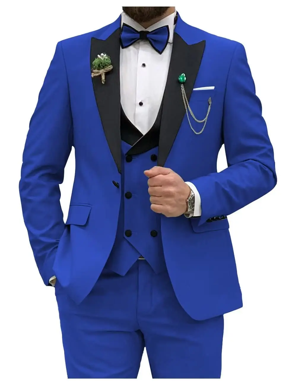 ロイヤルブルーメンズスーツスリムフィット3ピースダブルブレストスーツ男性結婚式プロムパーティービジネス(ブレザーベストパンツ)