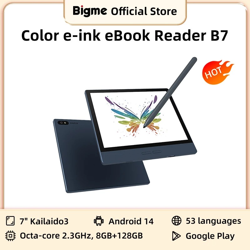 Bigme B7 電子ブック リーダー、7 インチ電子インク e リーダー、300PPI、8 128GB、Android 14 オープン システム、5MP 背面カメラ付き手書き電子ブック タブレット