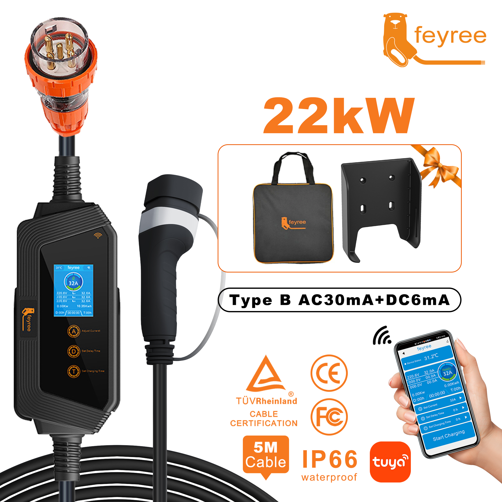 Feyree 22KW 32A 3 相 Type2 EV 充電器 Wi-Fi アプリ制御 EVSE ポータブル充電ボックス AU 5pin プラグ付き電気自動車充電器用