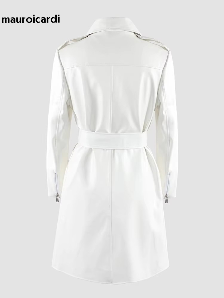 Mauroicardi 春秋ロングホワイト Pu レザーバイカーオートバイジャケット女性ジッパーベルト高級デザイナーヨーロッパ服 2025