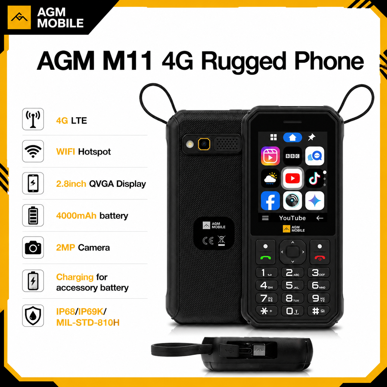 AGM M11 4G 頑丈な電話 IP68 防水 4000mAh リムーバブルバッテリー Wi-Fi ホットスポット逆充電 FM ラジオ屋外用