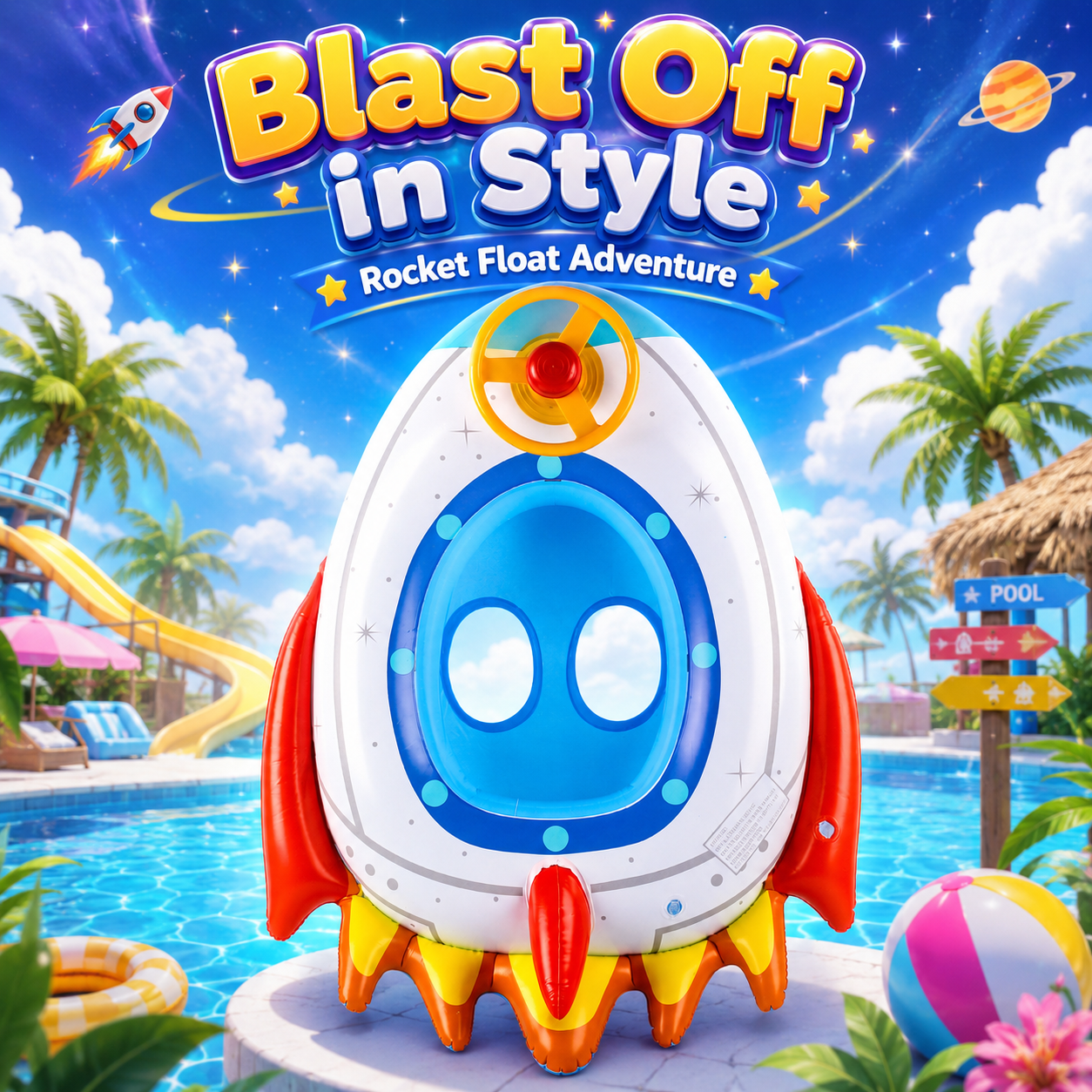 1PC インフレータブルロケットプールフロートシート、ステアリングホイール付き、安定した乗用水フロート、迅速な膨張漏れ防止フローティング