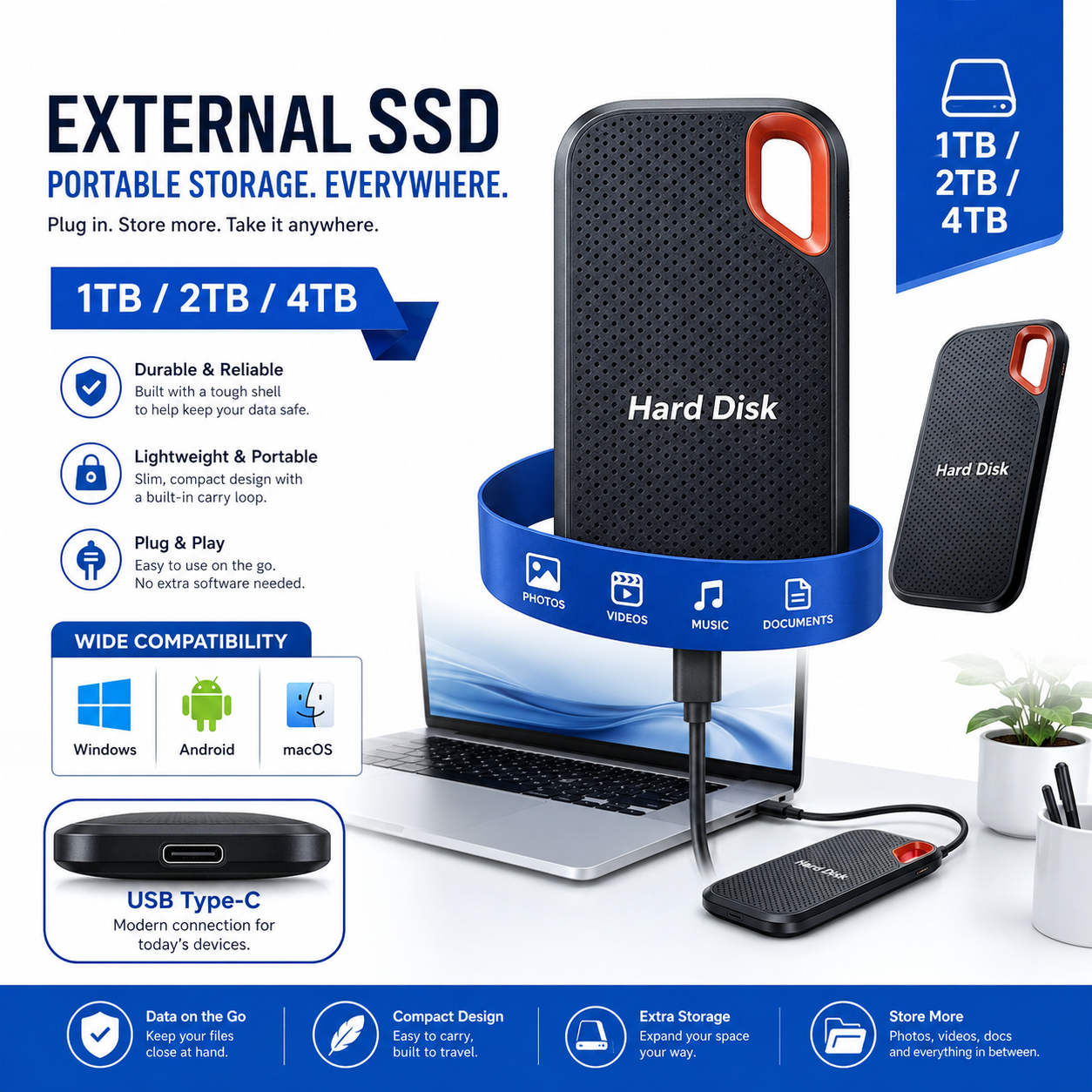 ミニポータブル外付けハードドライブ 1TB SSD USB3.1 Type-C 4TB バックアップドライブ ラップトップ Mac 電話用 写真 ビデオ ストレージ 毎日使用