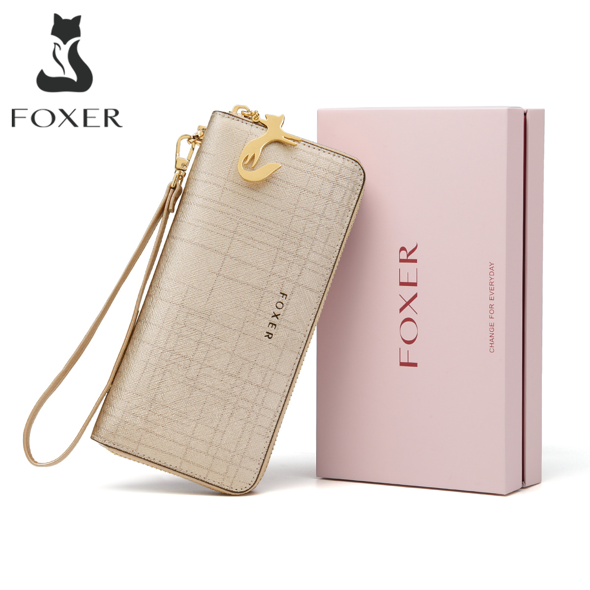 Foxer 女性スプリットレザー財布二つ折りクラッチバッグリストレットファッションカードホルダー小銭入れ携帯電話バッグ女性マネーバッグ
