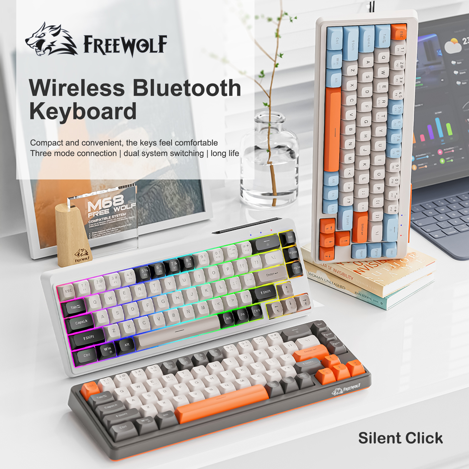 FREEWOLF M68 ミニ ワイヤレス キーボードとマウス セット、サイレント、トライモード Bluetooth、PBT、バックライト、仕事用キーボードとマウスのコンボ