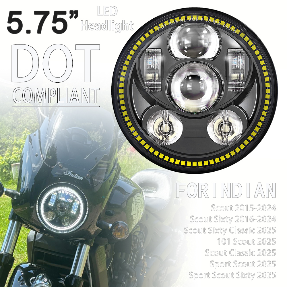 5.75 "E24 E9 ドット LED ヘッドライトインディアンスポーツ 101 スカウトシックスティクラシック 2015-2025 オートバイヘッドランプ H4 ライトランプ