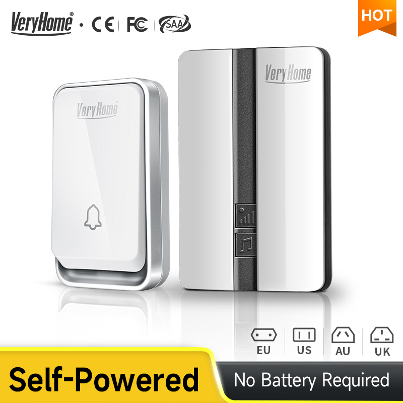 VeryHome ワイヤレスドアベル防水自己電源ボタンスマートドアベルセットホームウェルカム屋外ハウスチャイム受信機