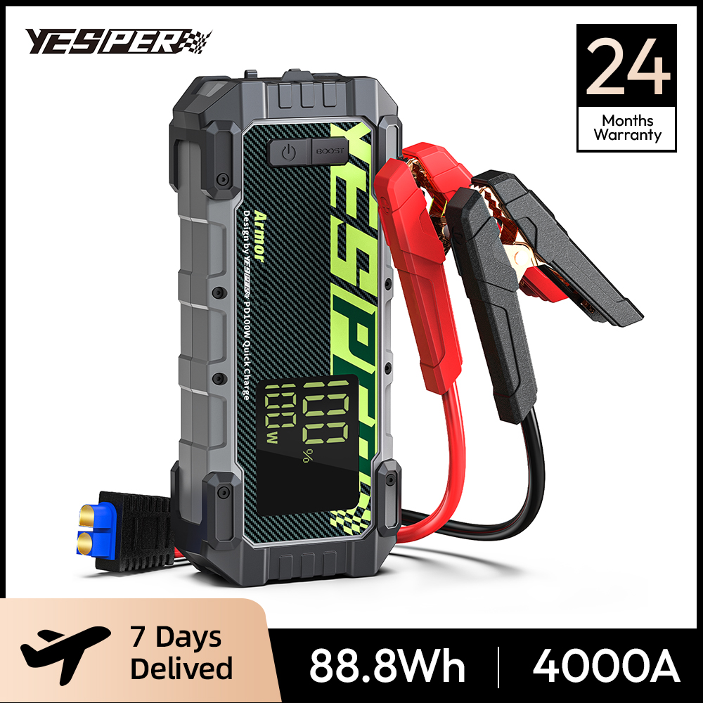 YESPER 4000A ディーゼルトラック SUV 用高耐久ジャンプスターター – 24000mAh PD 100W パワーバンク、10L ガスディーゼル始動、3 モードライト