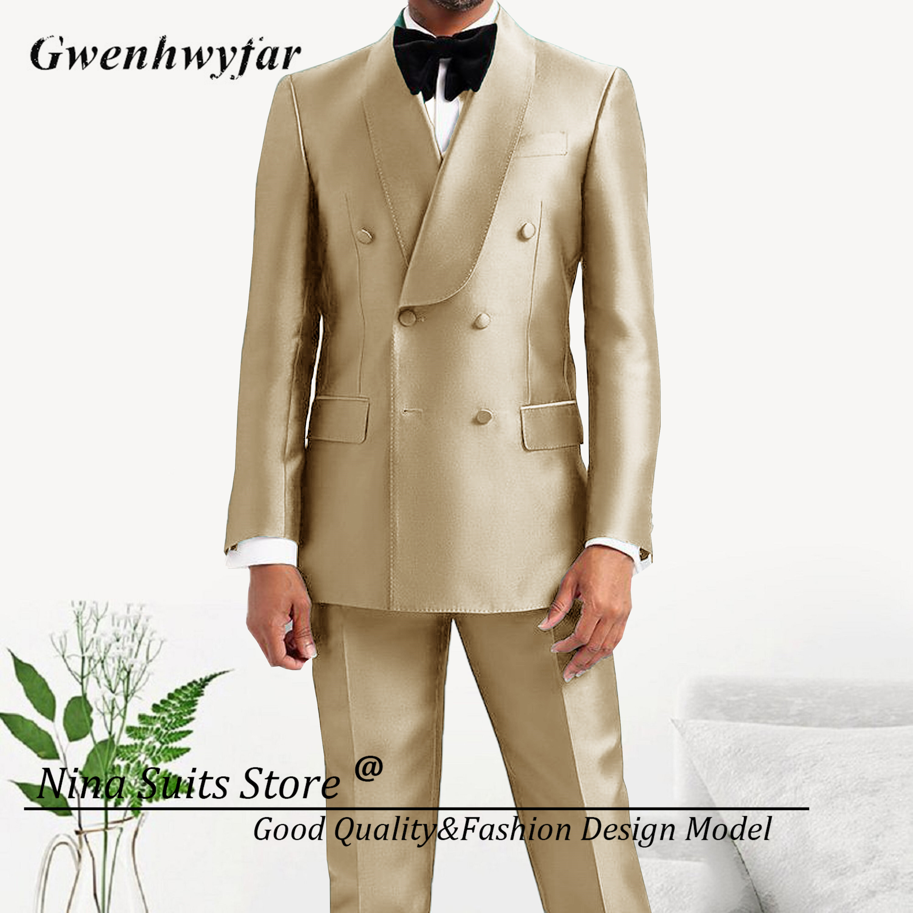 Gwenhwyfar 男性パーティータキシード 2 個最新ショールラペル男性スーツシニーシャンパンファッションスタイルスーツダブルブレストスーツ