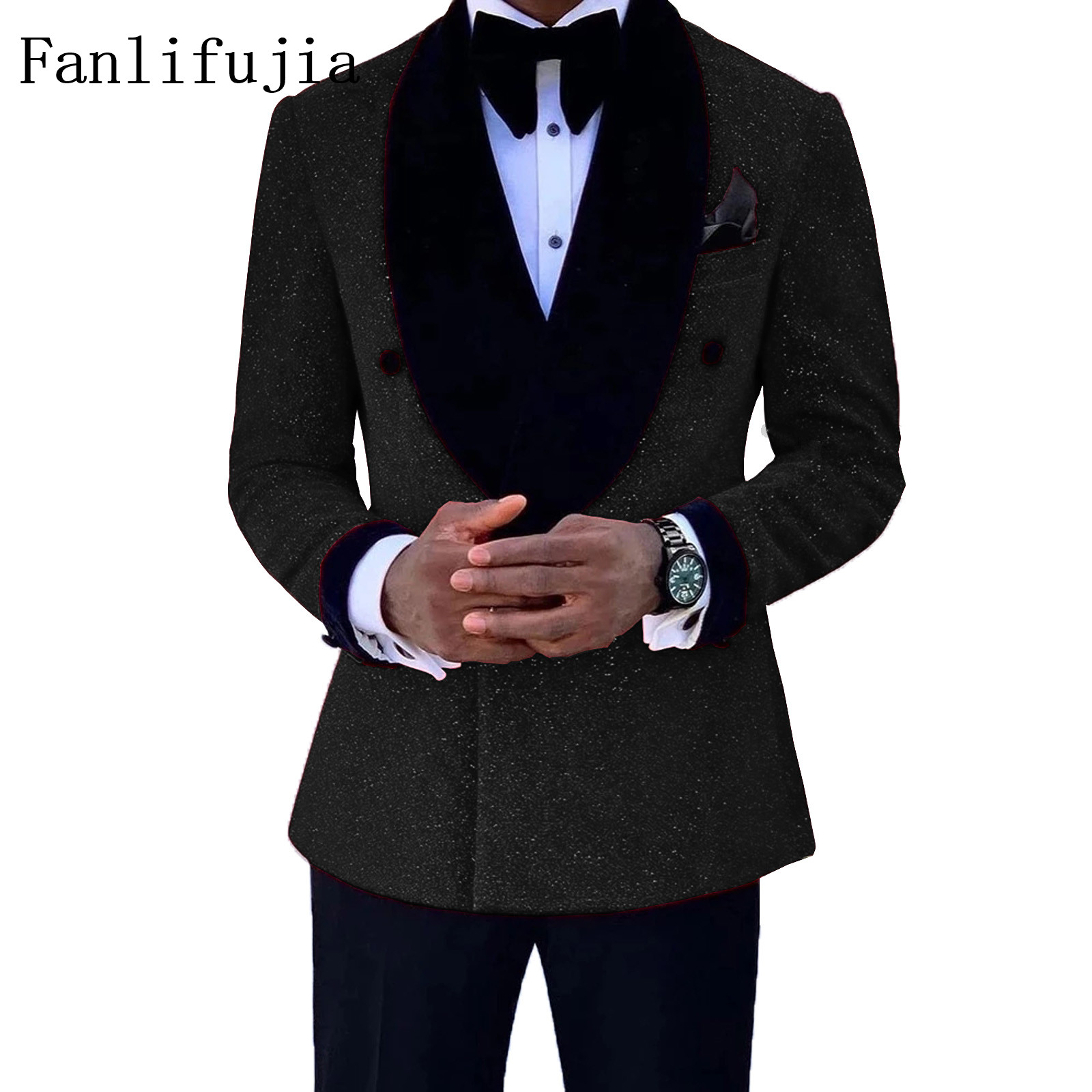 FanliFujia 高級レッドグリッタースーツ男性新郎結婚式のタキシードダブルブレストブレザーフォーマルイブニングパーティーウエディングドレス 2 個セット