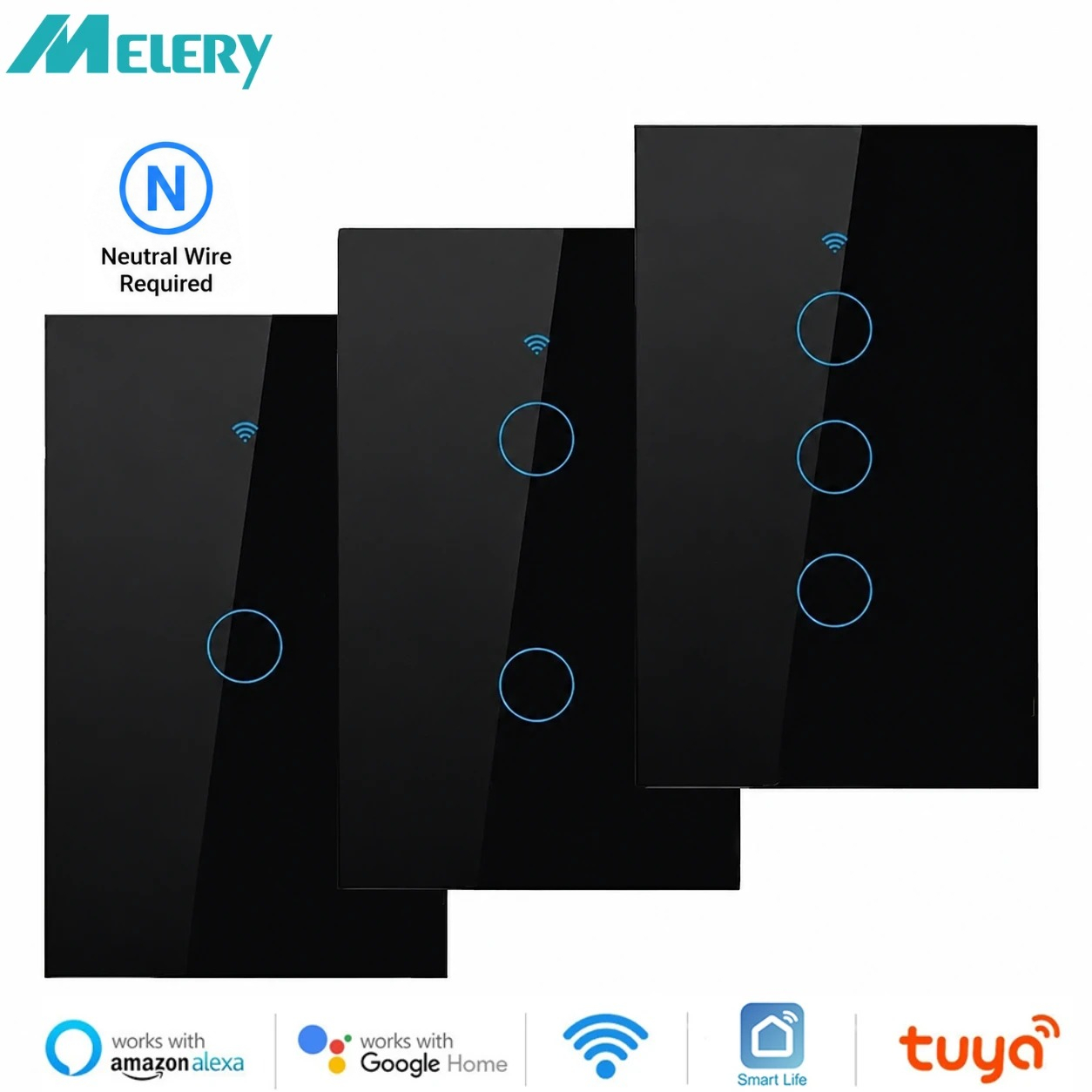 Melery Wifi スマートライト壁スイッチガラススクリーンタッチパネル音声制御ワイヤレスリモコン Alexa Google ホーム 1/2/3/4 ギャング