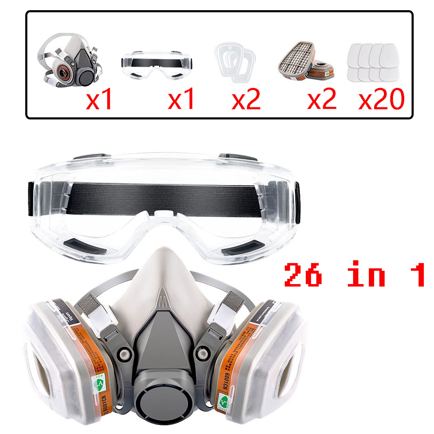 26in1 6200 ハーフフェイス防塵防毒マスク工業用ペイントスプレー化学有機蒸気フィルター保護