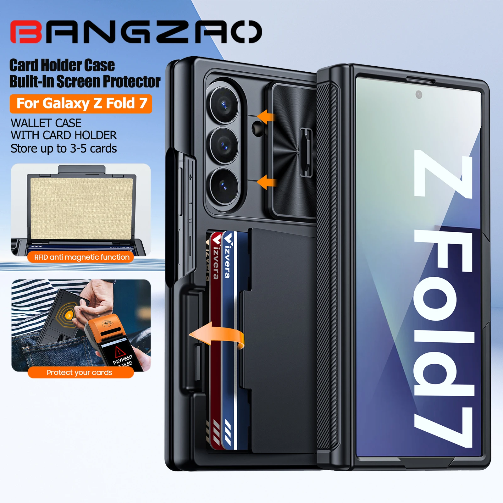 Galaxy Z Fold 7 ケース、カードホルダー付き RFID ウォレット、ヒンジカバー、カメラカバー、耐衝撃シリコン保護電話ケース-ブラック用