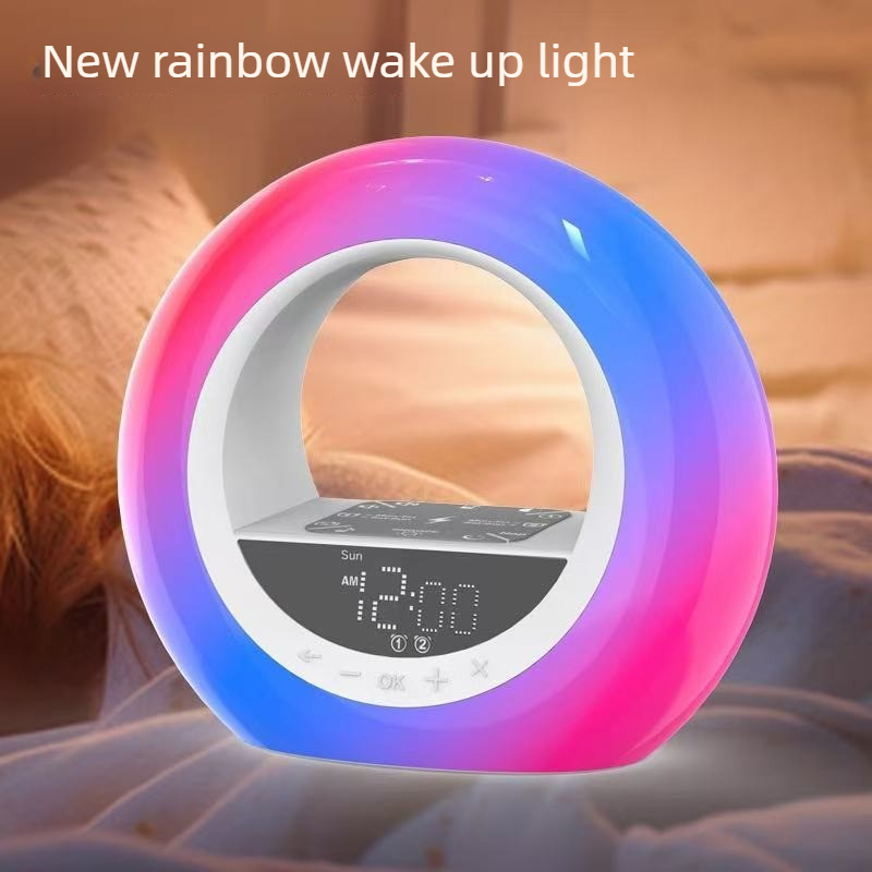 Wireless Charging Rainbow Atmosphere Sleep Light, Bedroom Wake-Up Night Light With Clock RGB Night Light,, Simulated Wawn